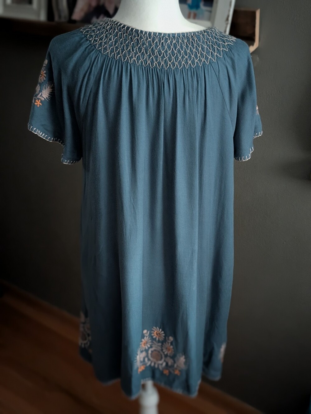 THML Embroidered Smocked Neck Keyhole Dress Small Teal Blue Floral Boho Shift - Picture 3 of 6